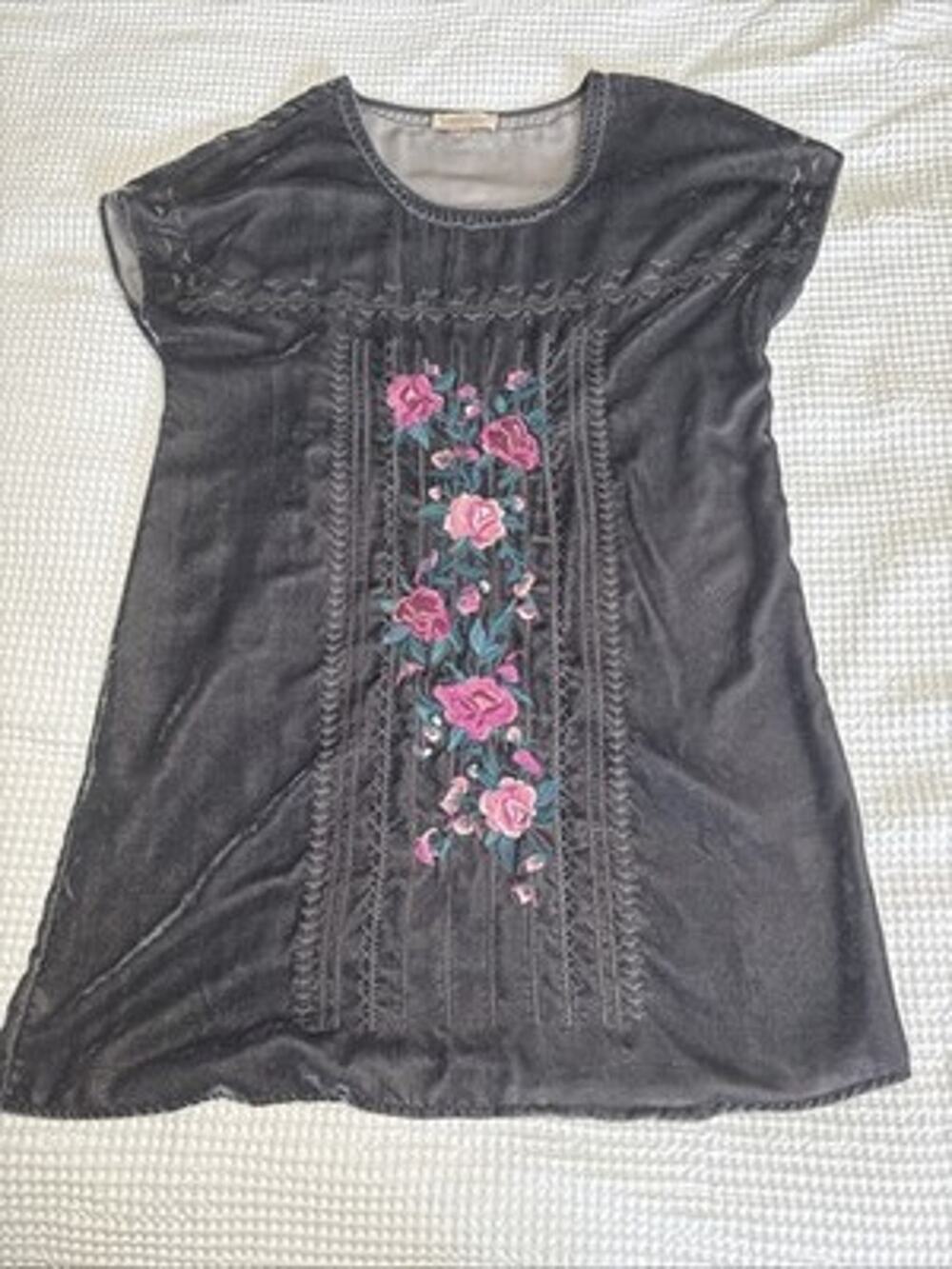 Philosophy Womens Gray Velvet Embroidered Short Sleeve Pullover Dress L Boho